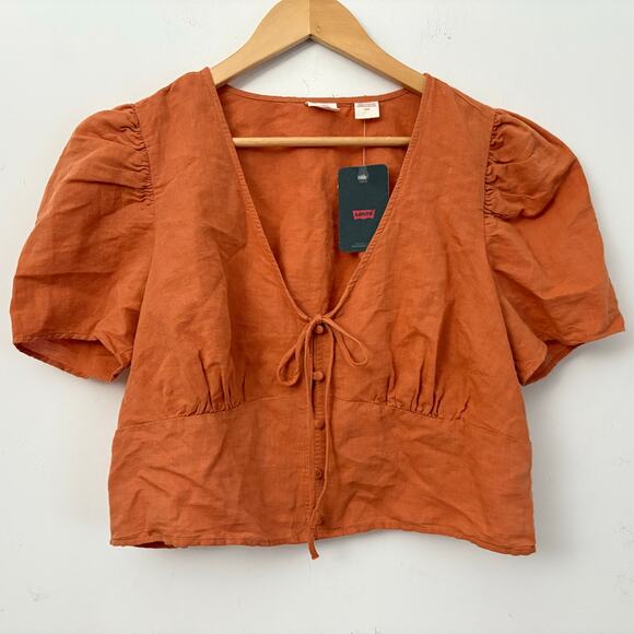 Levi’s Linen Cotton Puff Sleeve Blouse Sz L Rust Burnt Orange Button Front Top - Picture 2 of 10
